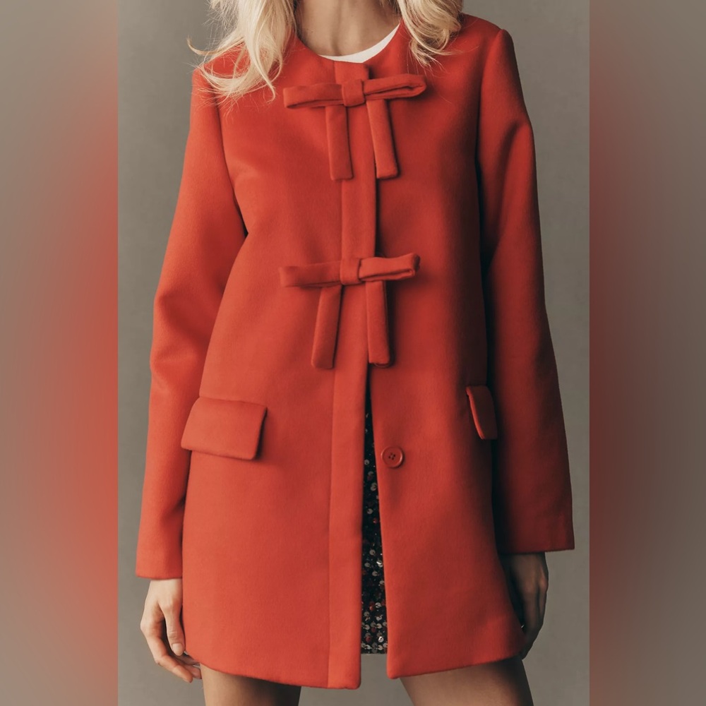 NWT Anthropologie Hutch Red Bow front coat Women's Pea Coat S - Picture 1 of 4